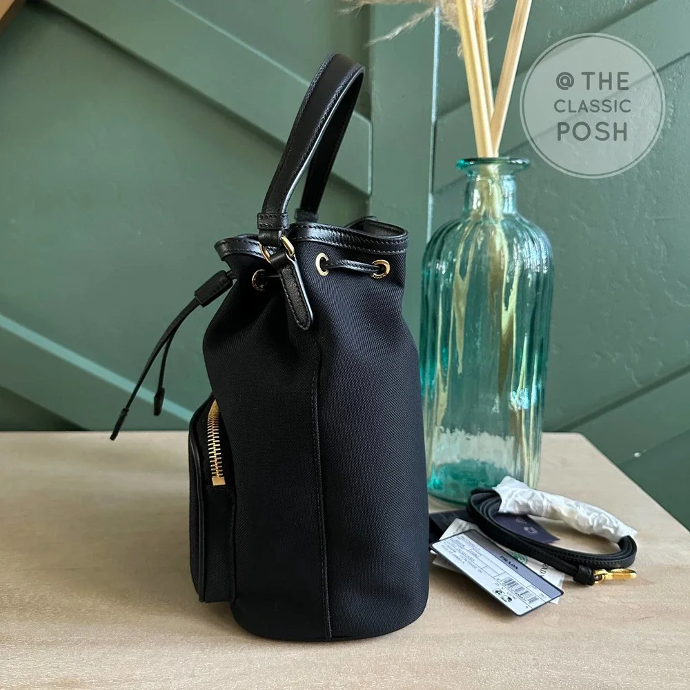 NEW Prada Jacquard Logo Bucket Black Canvas Tote Crossbody Bag